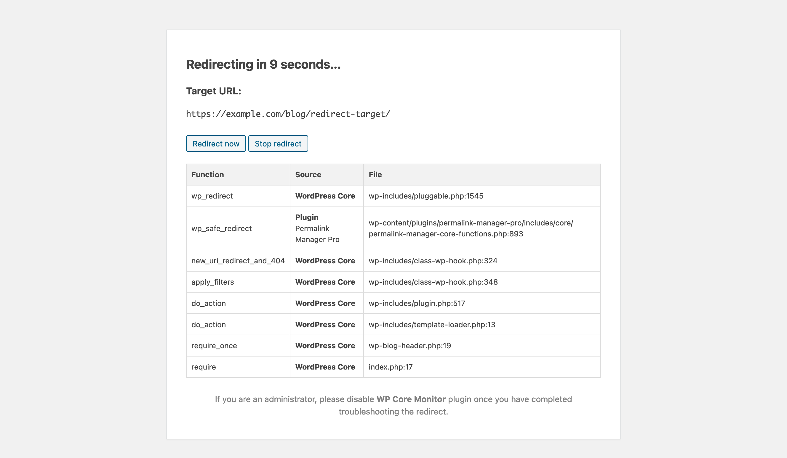 The debug data displayed by WP Core Monitor